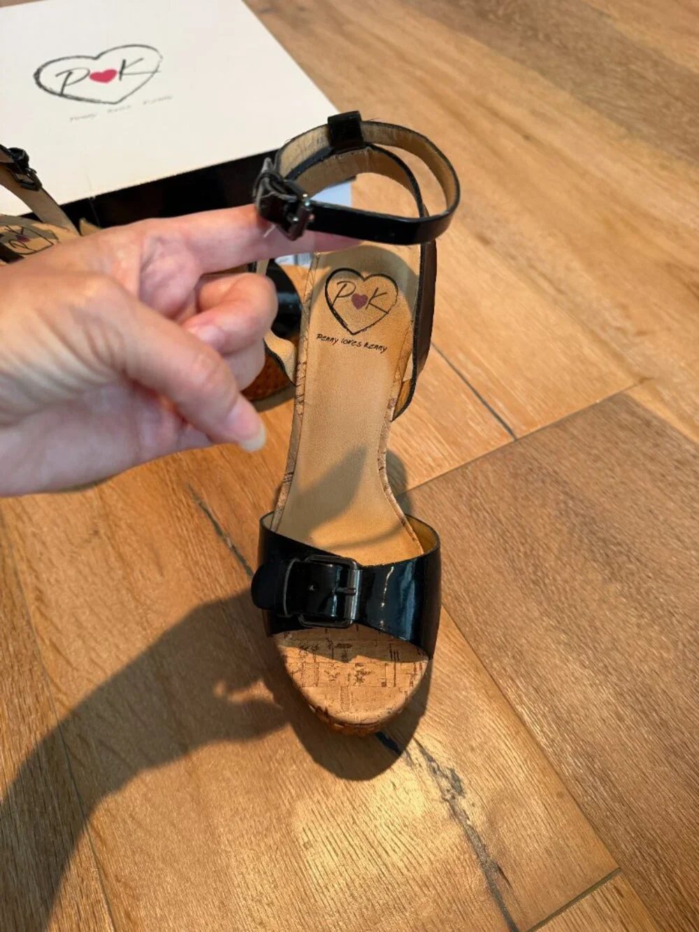 Penny Loves Kenny Black Patent Espadrille Wedges Sandals with Buckle With Box